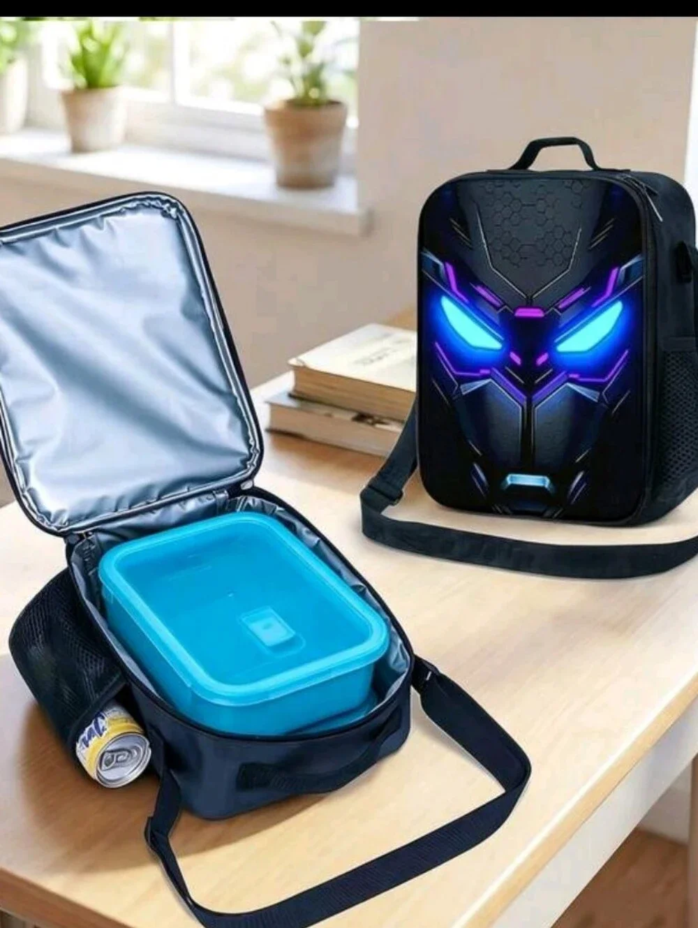 Men's Black Tech-Print Backpack Set with Blue & Purple Accents